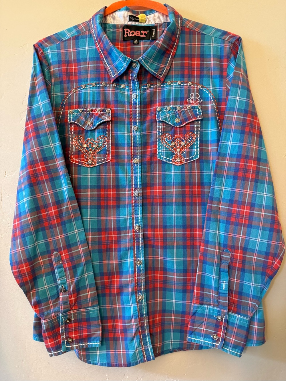 Roar Signature Western Plaid Embellished Button Up Shirt XL